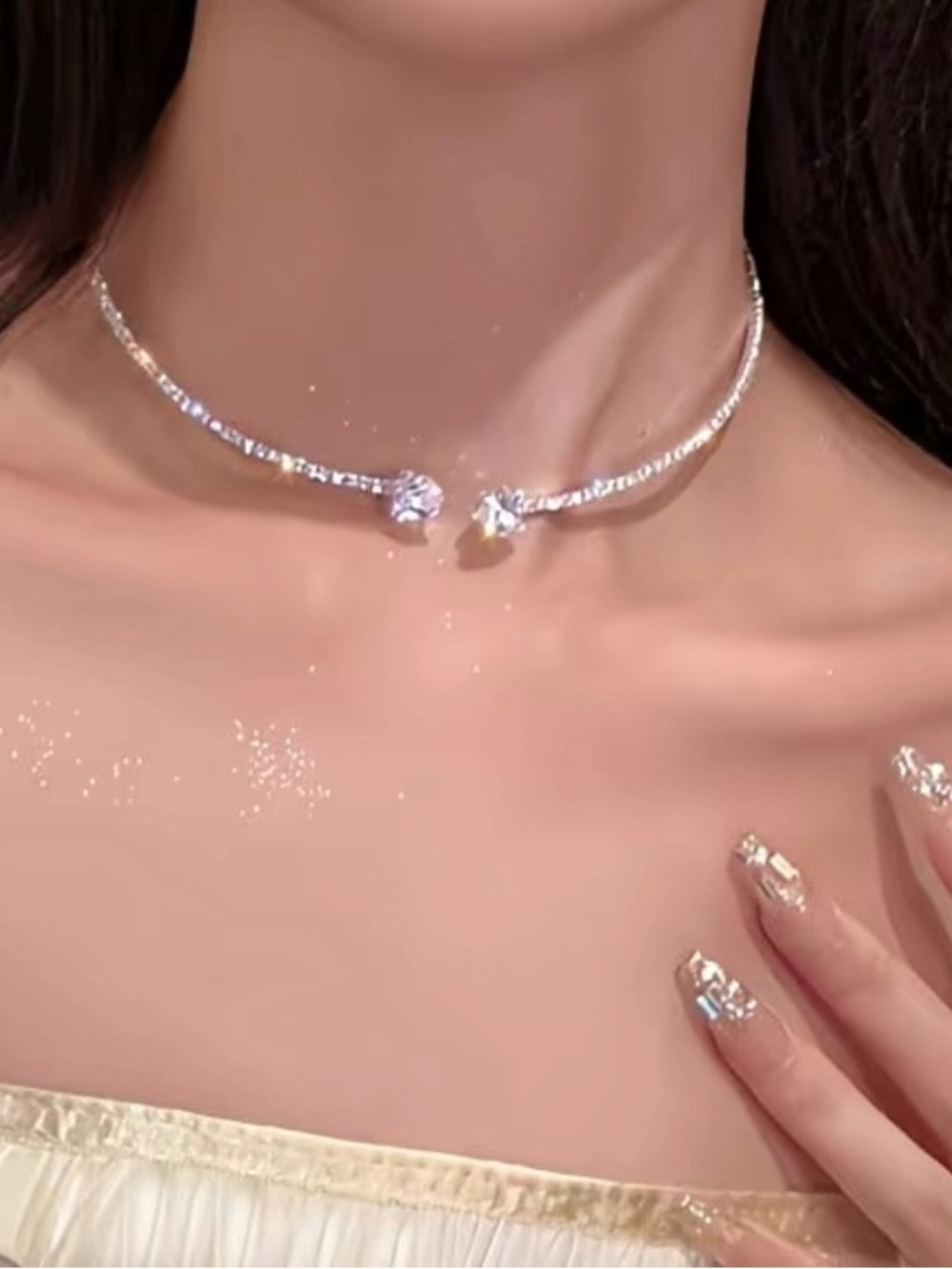 Silver Crystal Open Choker Necklace - Elegant Women's Jewelry